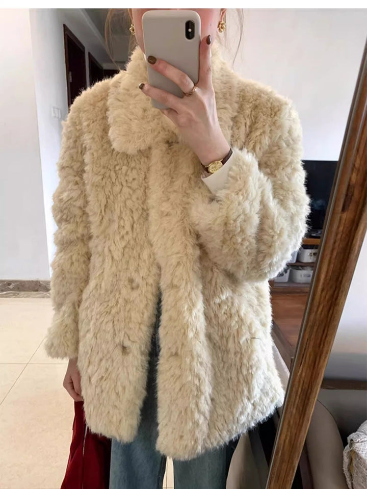 Damen Kurzer Teddy-Kunstfellmantel mit vollem Kragen und kastiger Silhouette Drune