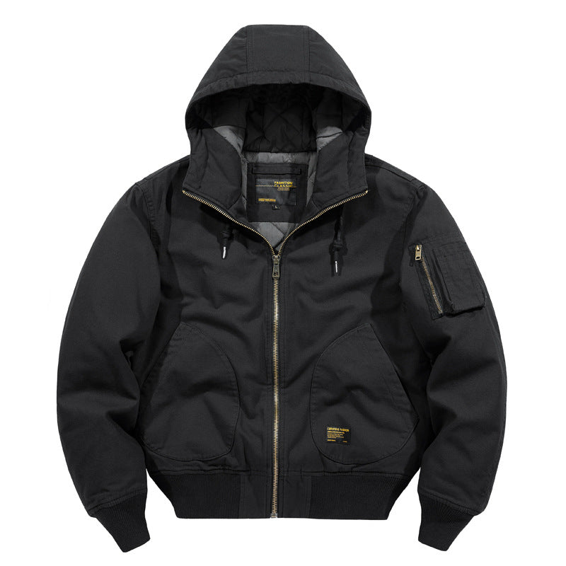 Herren  isolierte Kapuzen-Canvas-Arbeitsjacke Bomber mit geschwungenen Handtaschen und verstärktem Ärmel-Reißverschlussfach Drune