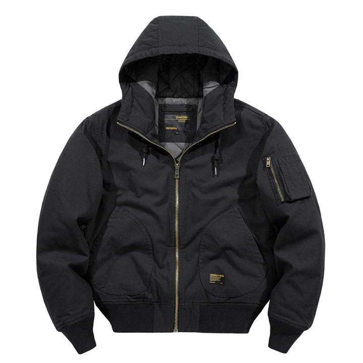 Herren  isolierte Kapuzen-Canvas-Arbeitsjacke Bomber mit geschwungenen Handtaschen und verstärktem Ärmel-Reißverschlussfach Drune