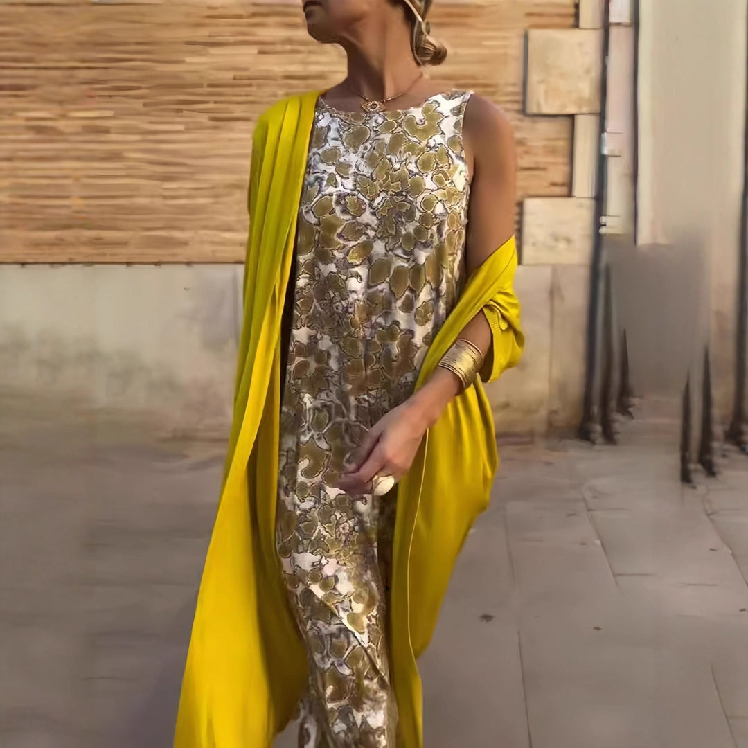 Damen Lange Wickel-Kaftankleid mit ärmellosem Unterkleid und fließendem Overshirt Drune