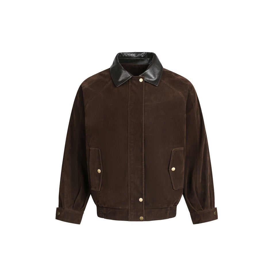 Herren Boxy Veloursleder-Blouson mit kontrastierendem Lederkragen und Druckknopf-Pattentaschen Drune