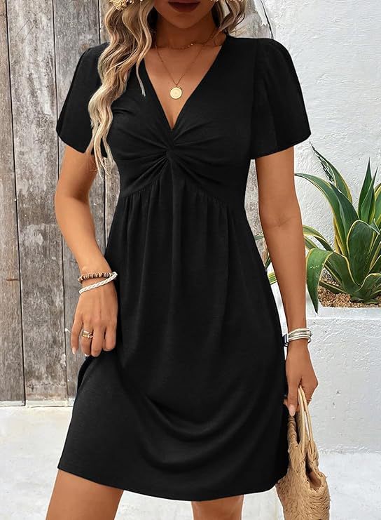 Damen lässiges Wickelkleid mit V-Ausschnitt und kurzen Ärmeln Drune