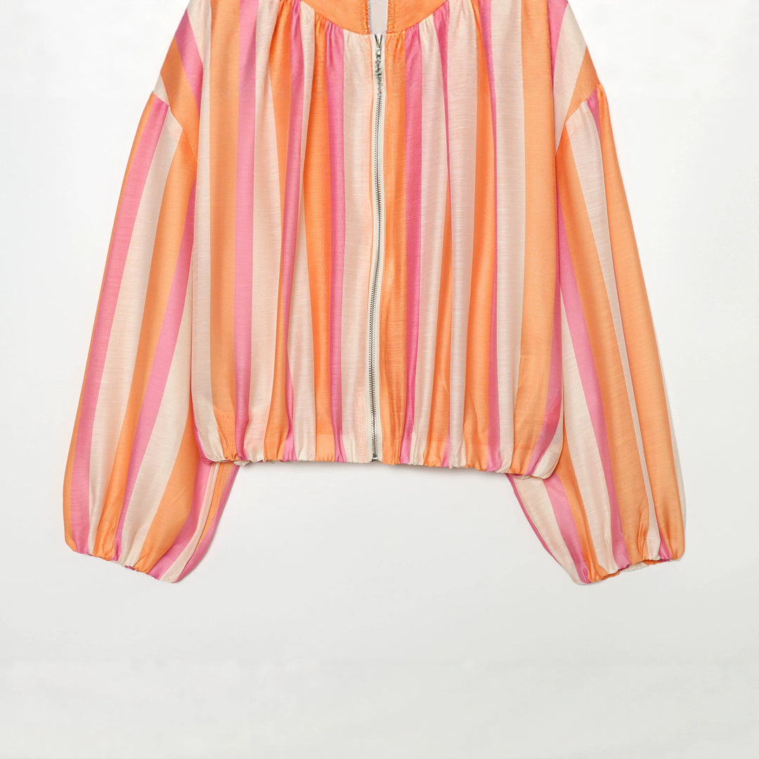 Damen Gestreifte Cropped‑Bomberjacke mit Stehkragen, Ballonärmeln und Gummibund Drune