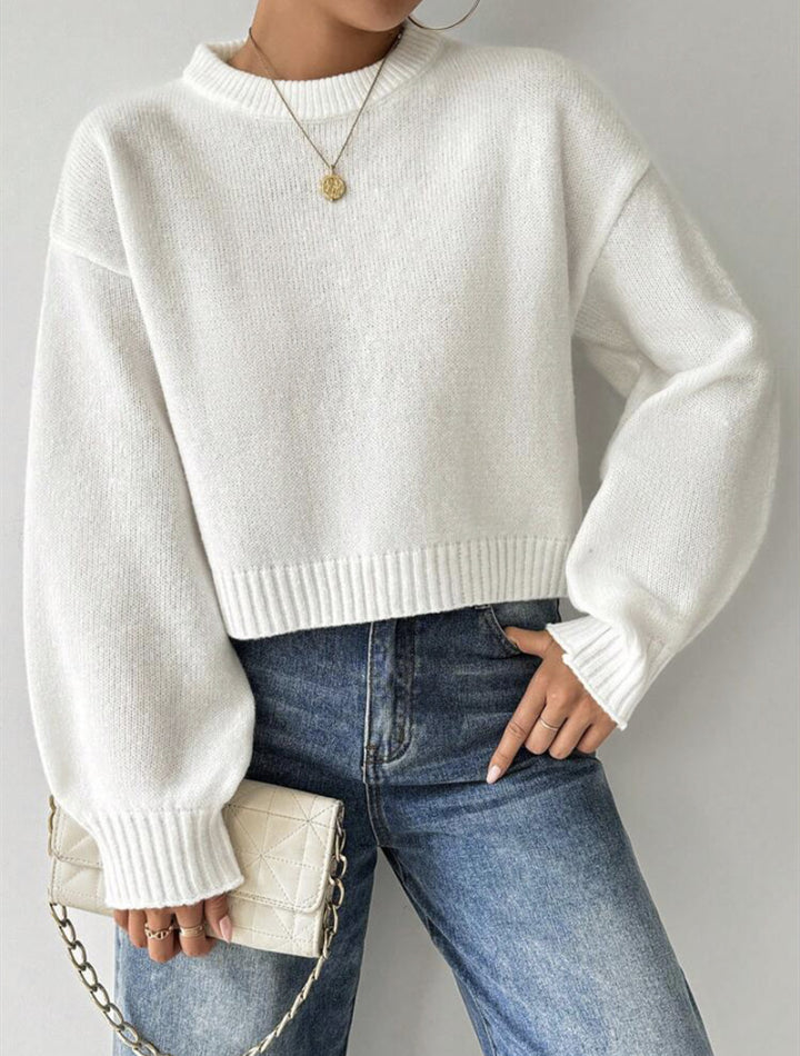 Damen Kurz-Cropped Pullover aus feinem Strick mit Ballonärmeln und geripptem Bund Drune