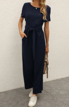 Damen Jumpsuit mit Bindegürtel und weitem Bein Drune