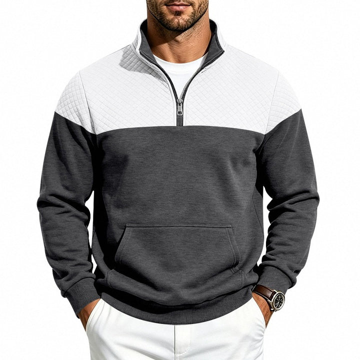 Herren Stehkragen-Sweatshirt mit Halbzip, gesteppter Schulterpasse und Kängurutasche Drune