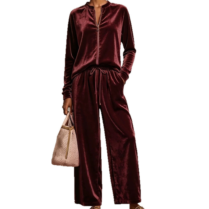 Damen nan samtiges Lounge-Set mit Stehkragen Reißverschlussoberteil und Kordelbundhose Drune
