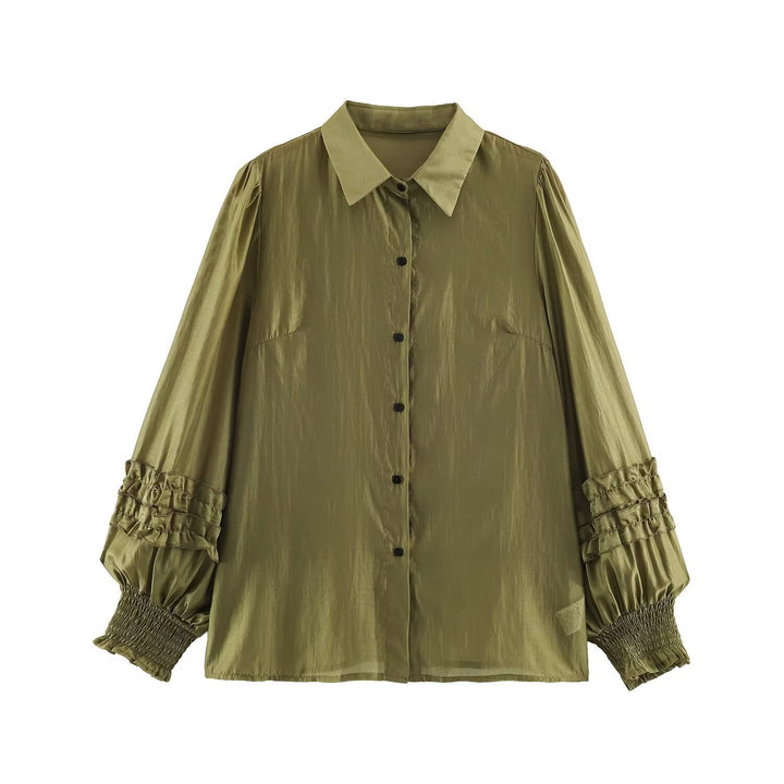 Damen Seidenähnliche Bluse mit Volumenärmeln, Stufenrüschen und Smokbündchen Drune