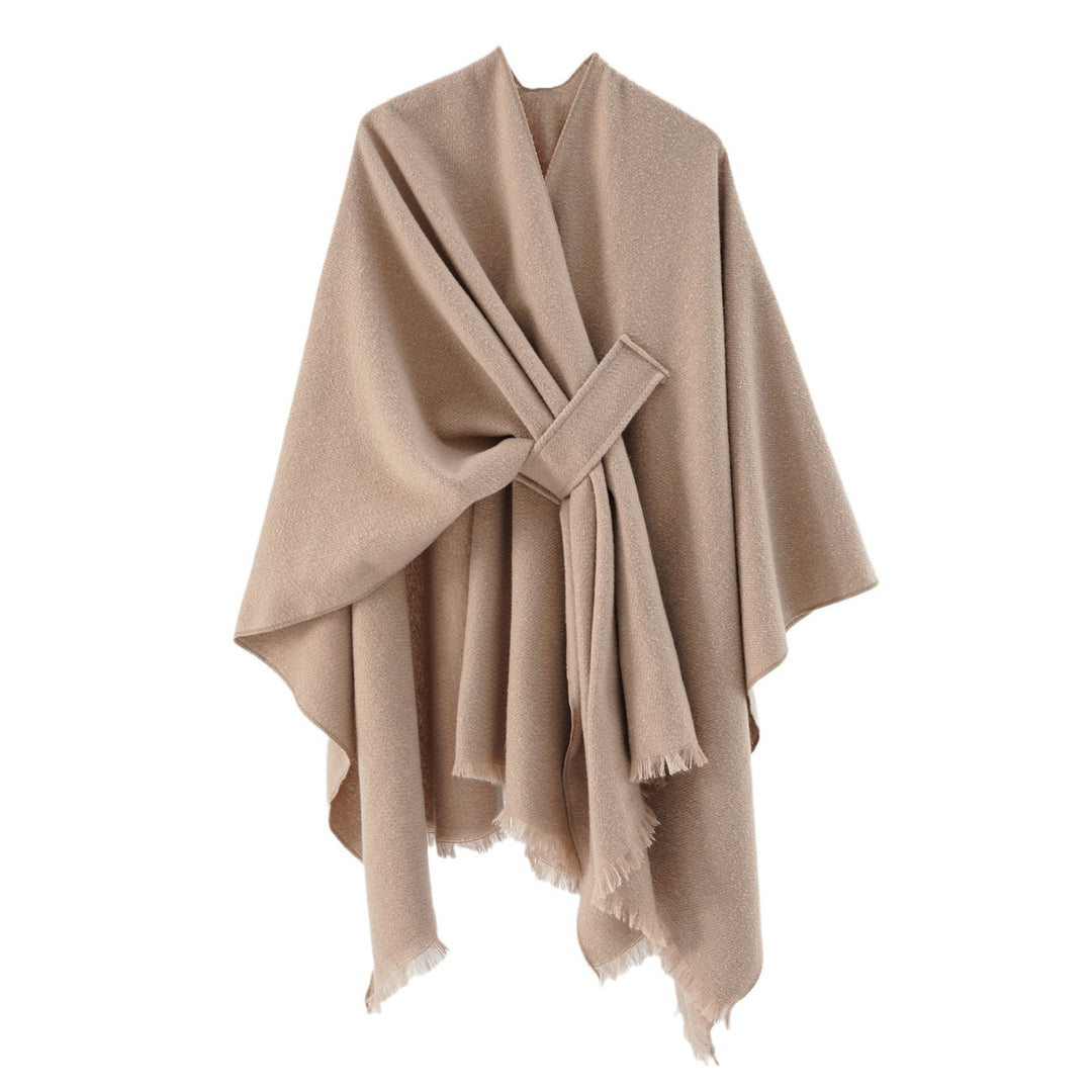 Damen Strickponcho mit geometrischem Blockmuster und Fransen Drune