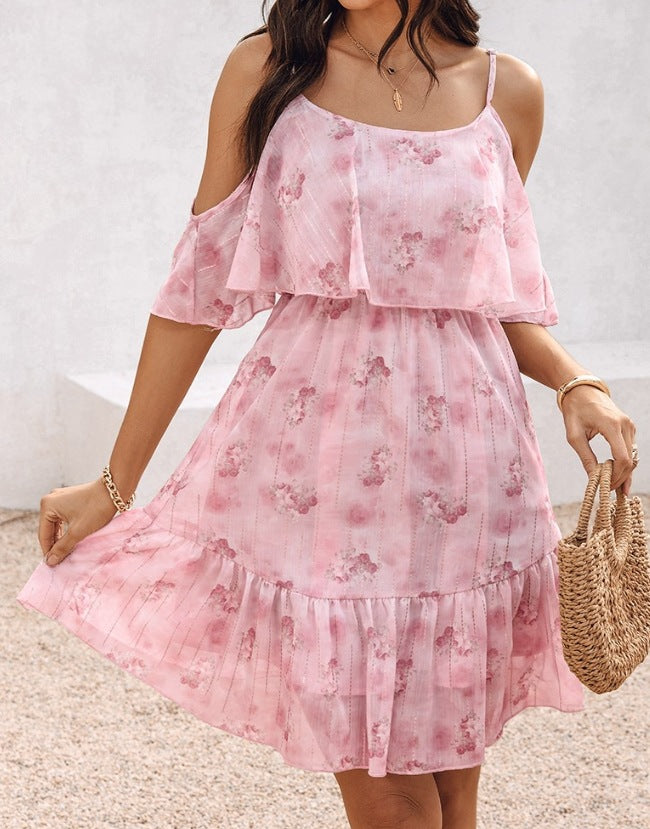 Damen fließendes Sommerkleid mit kaltem Schulterdesign und Rüschendetails Drune