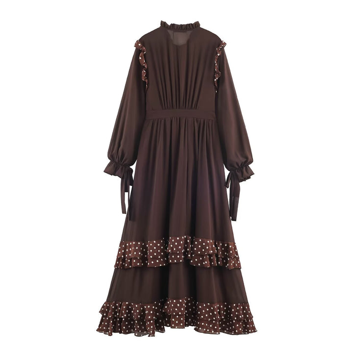 Damen Midikleid mit Volantstufen, Stehkragen und Ballonärmeln Drune