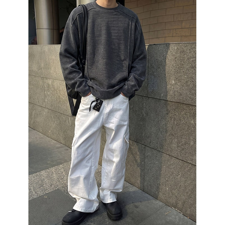Herren Oversize Waffelstrick-Pullover mit Rundhalsausschnitt Drune
