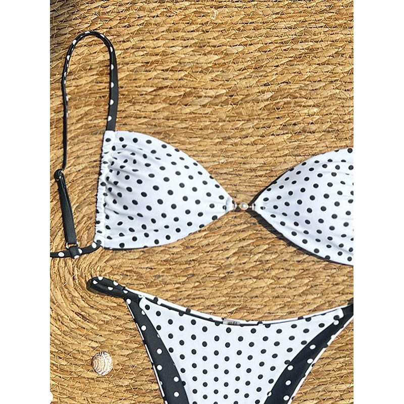 Damen Triangel-Bikini mit kontrastierenden Punkten und verstellbaren Trägern Drune