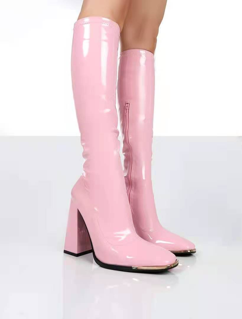 Damen Kniehohe Lackstiefel mit Blockabsatz, quadratischer Spitze und Metallkappenschutz Drune