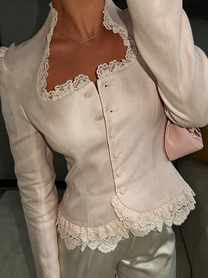 Damen Taillierter Blazer mit Spitzenbesatz, Knopfreihe und Schößchen Drune
