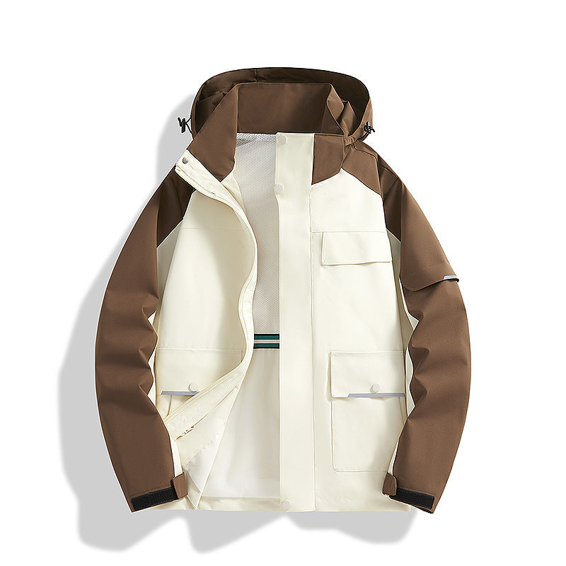 Herren dreilagige Trekkingjacke mit verschweißten Nähten, Kapuze und Multifunktionstaschen Drune