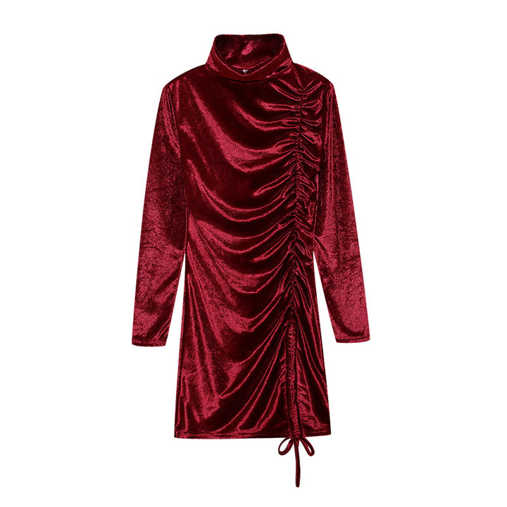 Damen Partykleid mit hochgeschlossenem Kragen und Raffungen Drune