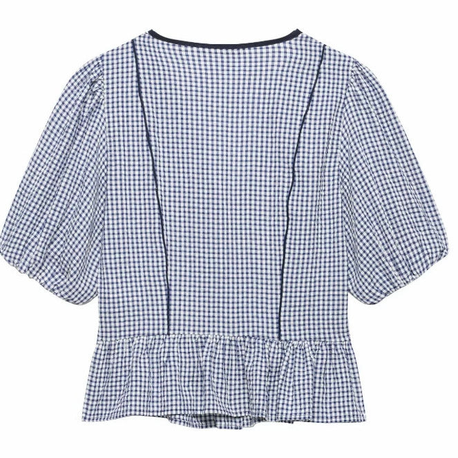 Damen Gingham‑Bluse mit V‑Ausschnitt, Puffärmeln und Volantbesatz Drune