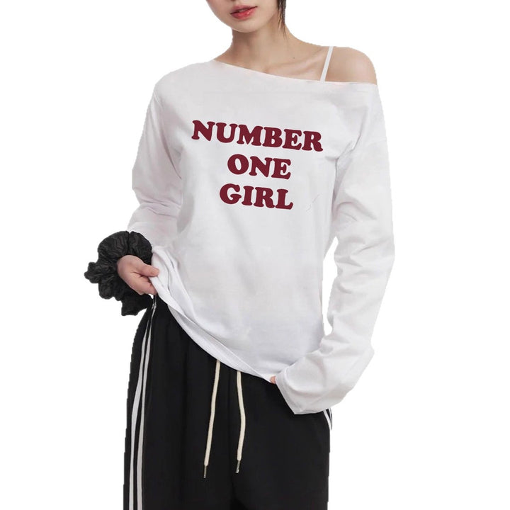 Damen nan asymmetrisches Off-Shoulder Longsleeve mit Statement-Print und lockerem Oversize-Schnitt Drune
