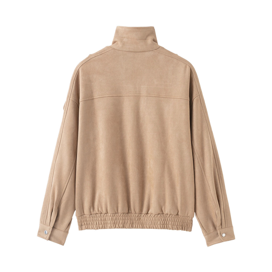 Damen Kurzjacke im Wildleder‑Look mit hohem Stehkragen, Schulterklappen und Taillengürtel Drune