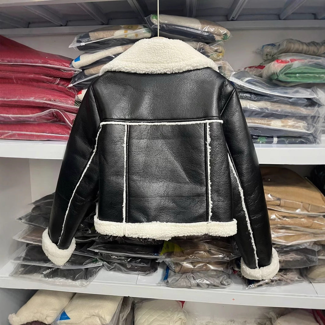 Damen nan kurzes Kunstleder-Fliegerjacke mit Teddyfutter und übergroßem Schalkragen Drune