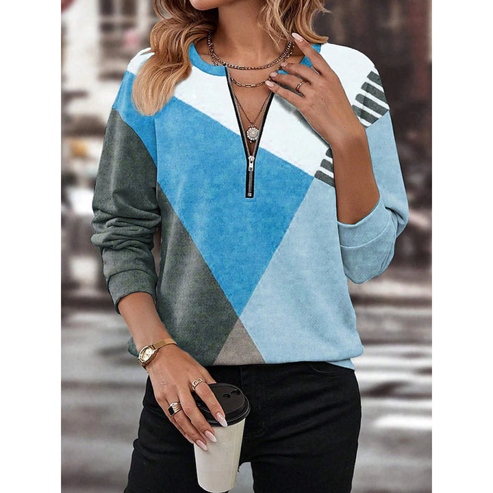 Damen Freizeitsweatshirt mit Halbzipp und geometrischem Farbkombinationsmuster Drune