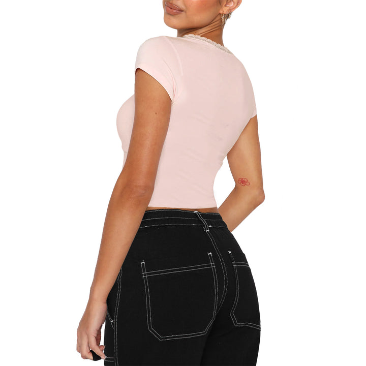 Damen modisches cropped T-Shirt mit quadratischem Ausschnitt und zarten Spitzenakzenten Drune