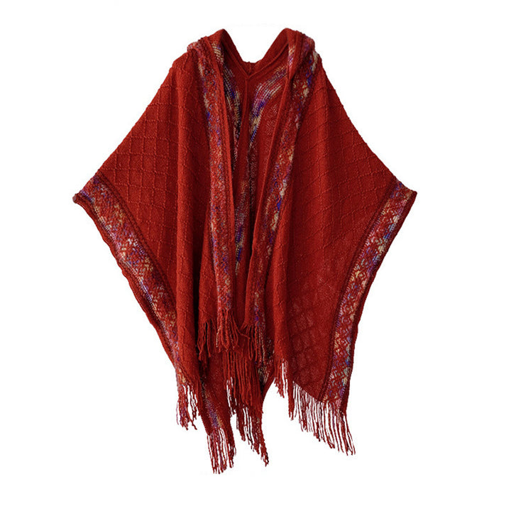 Damen Kapuzenponcho mit Fransen und gewebten Bordüren-Details Drune