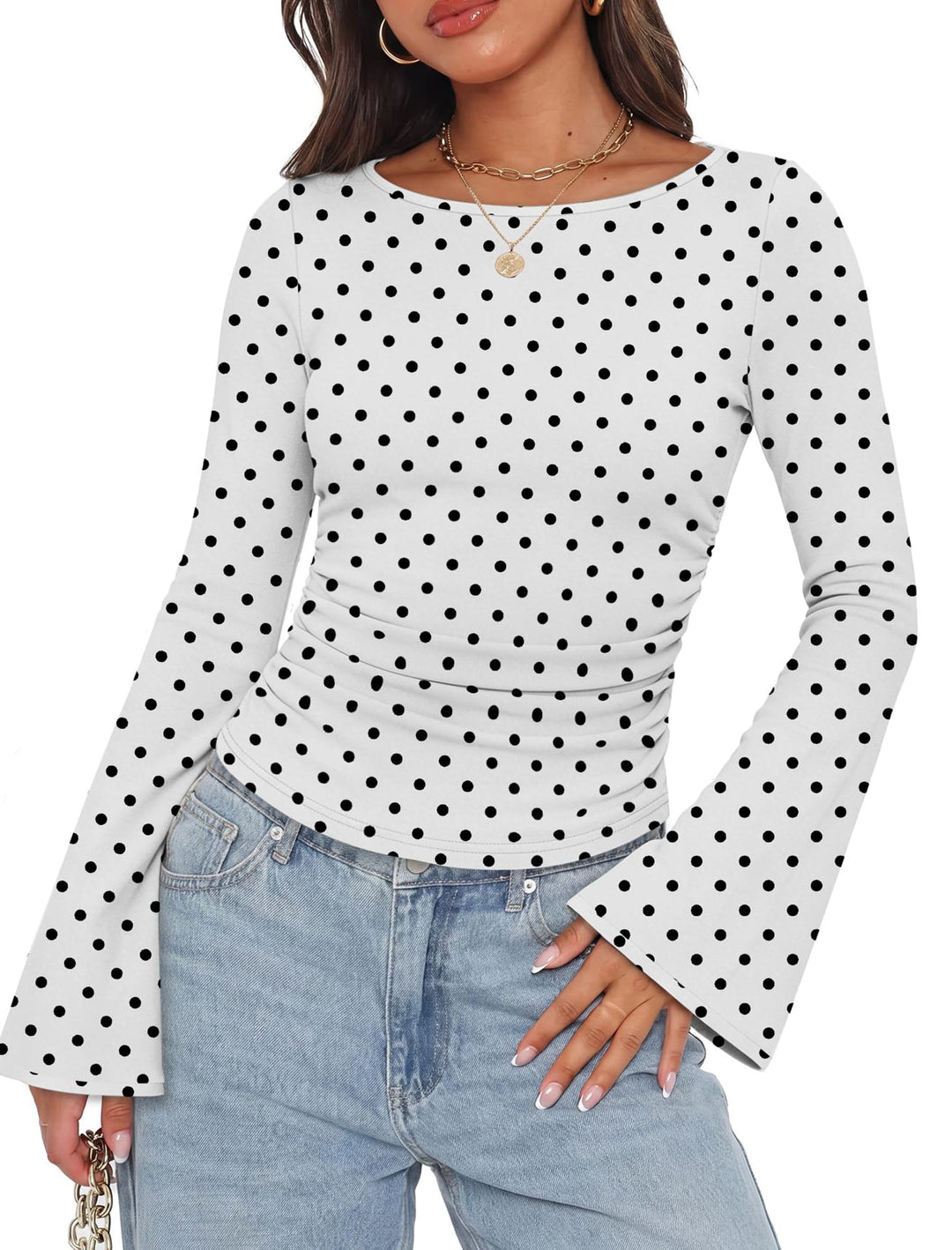 Damen Geripptes Langarmshirt mit Raffung, Trompetenärmeln und Kontrastbesatz Drune