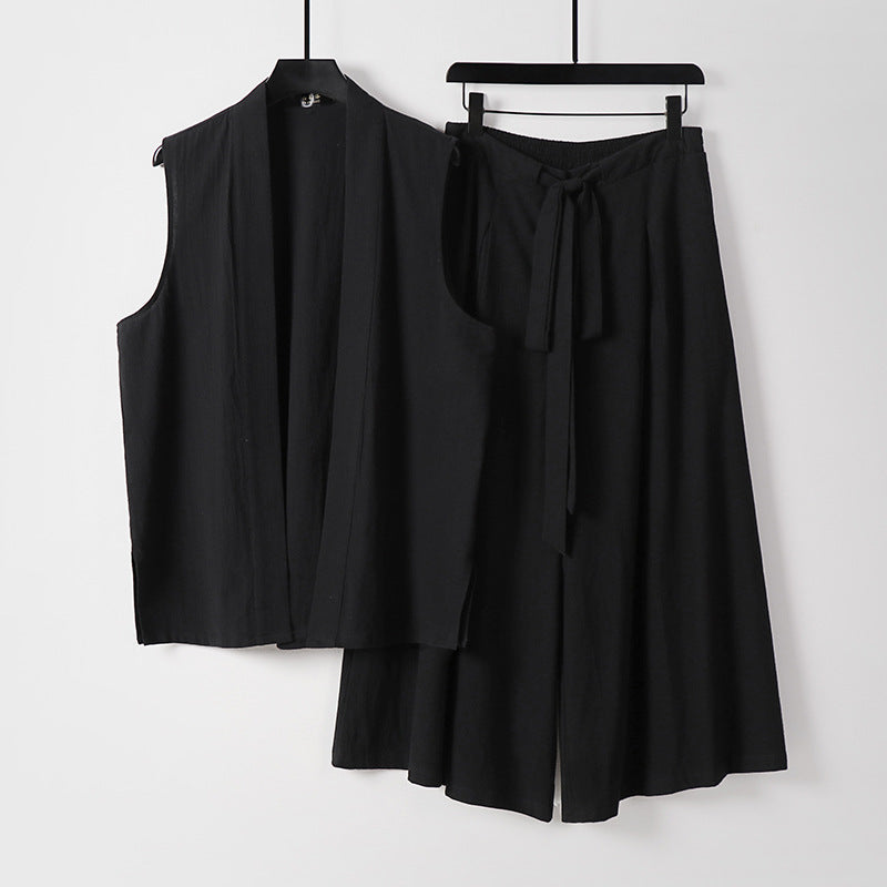 Damen Ärmellose Kimono-Weste und Hochtaillierte Culotte-Hose mit Bindegürtel Drune