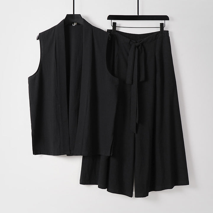 Damen Ärmellose Kimono-Weste und Hochtaillierte Culotte-Hose mit Bindegürtel Drune