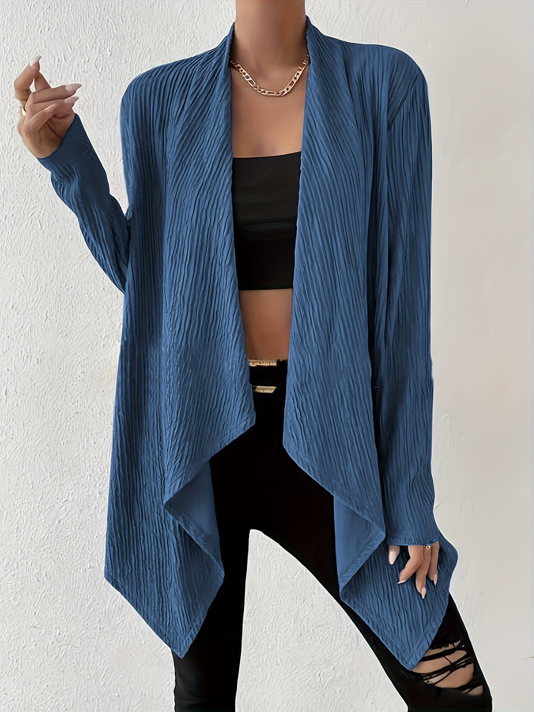 Damen Offener Crinkle-Cardigan mit Wasserfall-Saum und Longline-Silhouette Drune