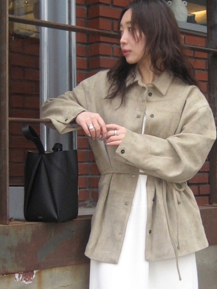 Damen Oversize Velourslederoptik-Utility-Jacke mit Tunnelzugtaillierung Drune