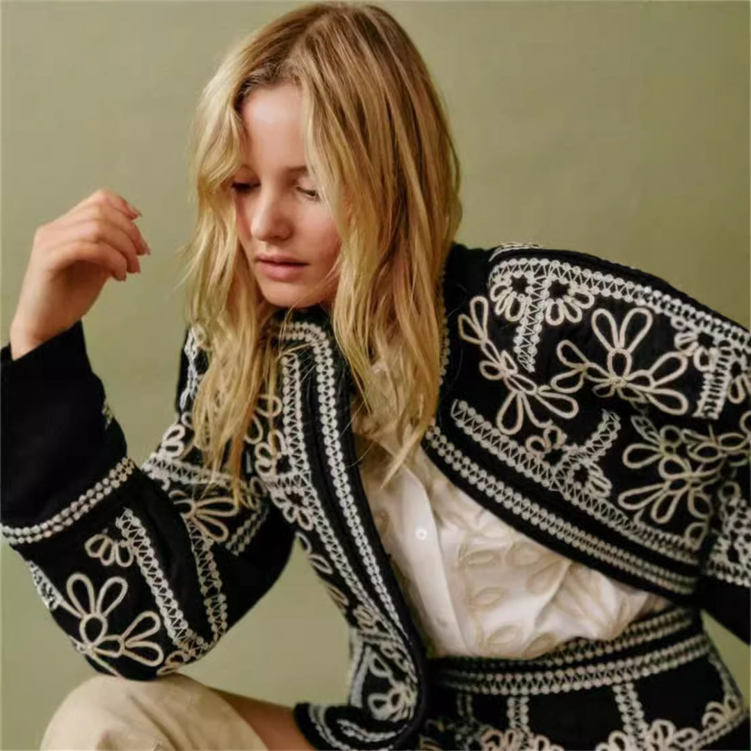 Damen gestickte Blumenjacke mit Volumenärmeln Drune