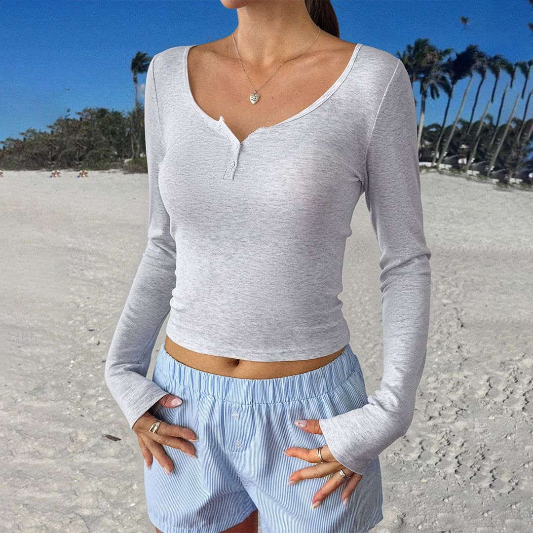 Damen nan tailliertes Henley-Langarmshirt mit tiefem U-Ausschnitt, feiner Rippstruktur und dekorativer Knopfleiste Drune
