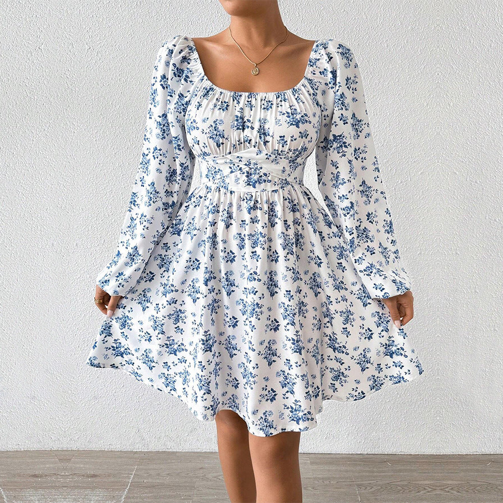 Damen luftiger Blumenkleid mit eleganter Raffung und langen Ärmeln Drune