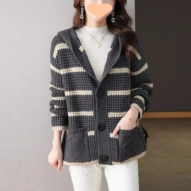 Damen kuschelige Strickjacke mit Kapuze und großen Taschen Drune