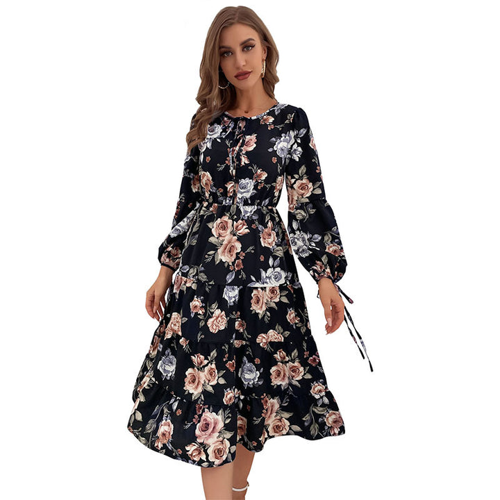 Damen Blumiges Stufen-Midikleid mit Taillenschnürung und Ballonärmeln Drune