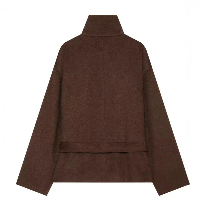 Damen Kurzer Wollmix‑Capecoat mit hohem Stehkragen, verdeckter Knopfleiste und Taillenbindegürtel Drune