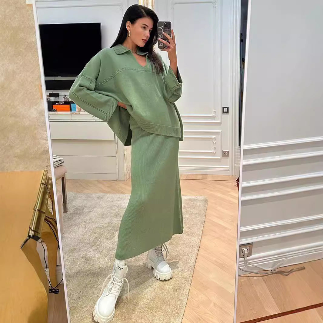 Damen Modisches Strick-Ensemble mit weitem Schnitt und tiefem V-Ausschnitt Drune
