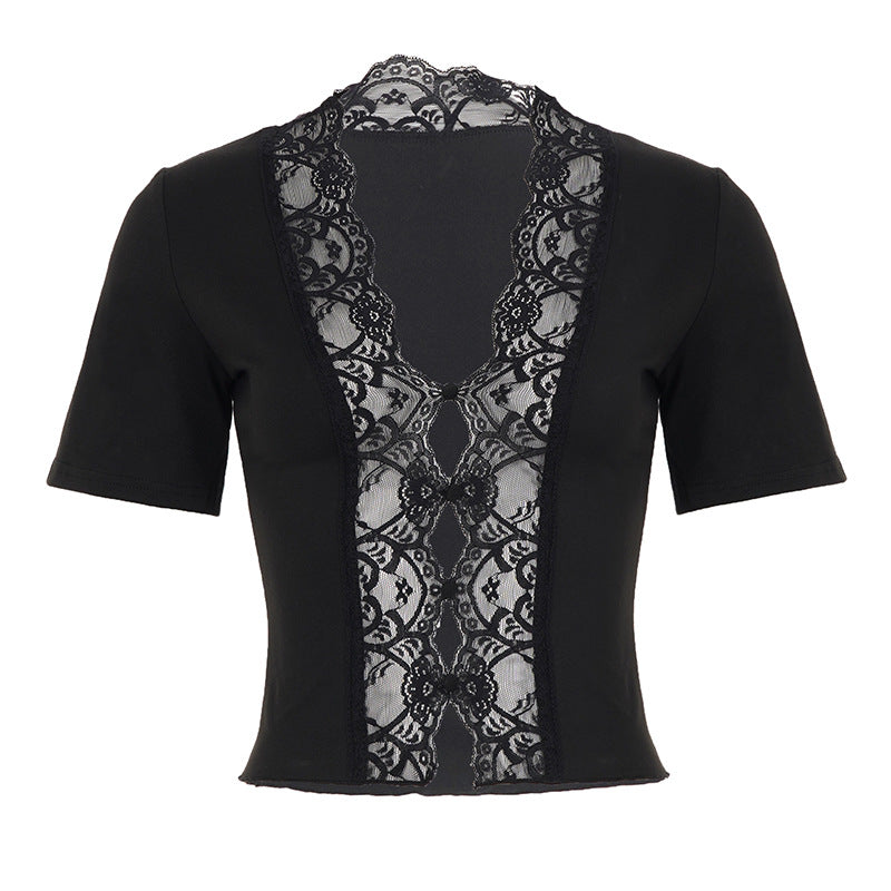 Damen elegantes Kurzarmoberteil mit zarten Spitzenakzenten Drune