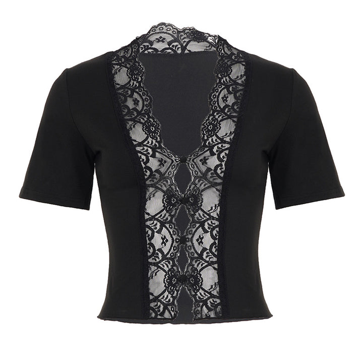 Damen elegantes Kurzarmoberteil mit zarten Spitzenakzenten Drune