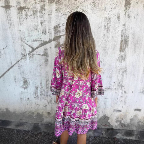 Damen Boho-Chic Kleid mit floralen Mustern und Knopfleiste Drune