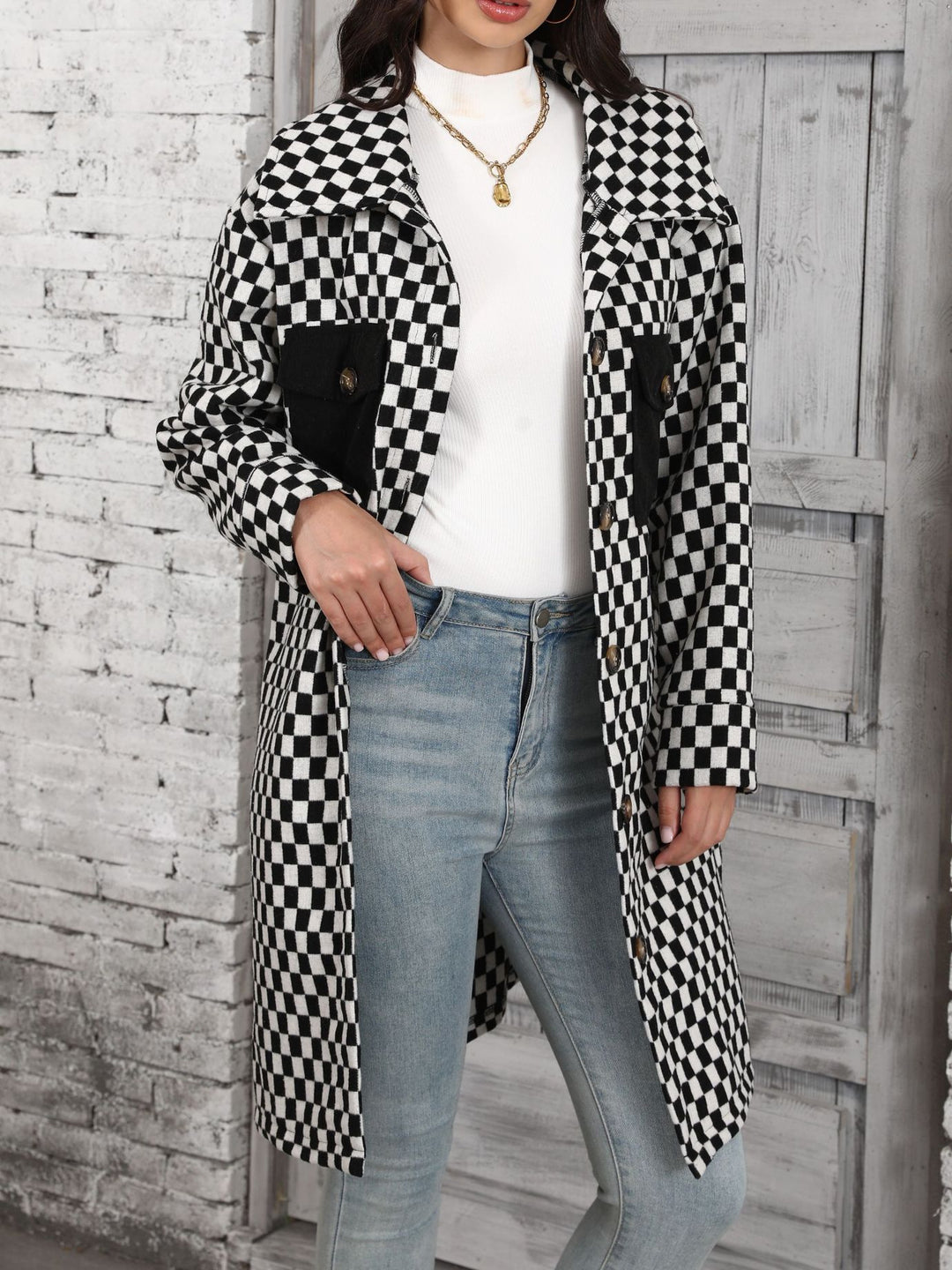 Damen Karierte Overshirtjacke mit Taschen und Knopfdetails Drune