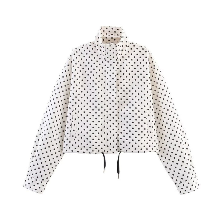 Damen Gekürzte gesteppte Jacke mit Polka‑Dot‑Print, Stehkragen und Tunnelzug Drune