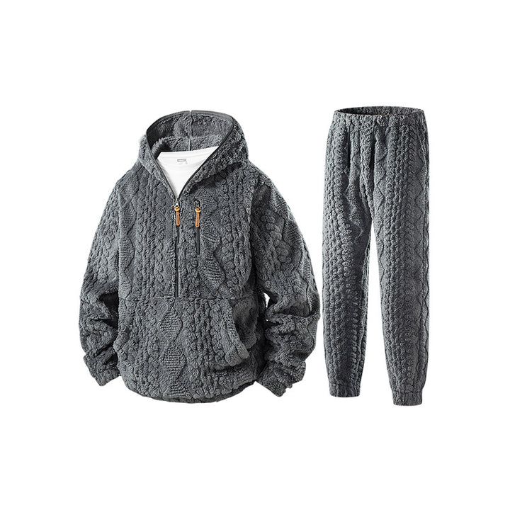 Damen Kuschel-Set aus Kapuzen-Halbzip-Pullover und Jogginghose in Kabelstrick-Fleece Drune