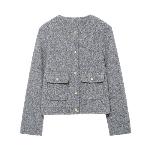 Damen Bouclé Cropped Jacke mit Goldknöpfen und aufgesetzten Pattentaschen Drune