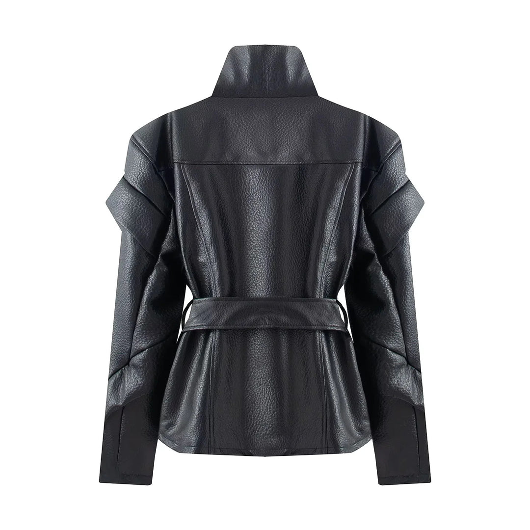 Damen nan taillierte Kunstlederjacke mit asymmetrischem Reißverschluss, hohem Stehkragen und Bindegürtel Drune
