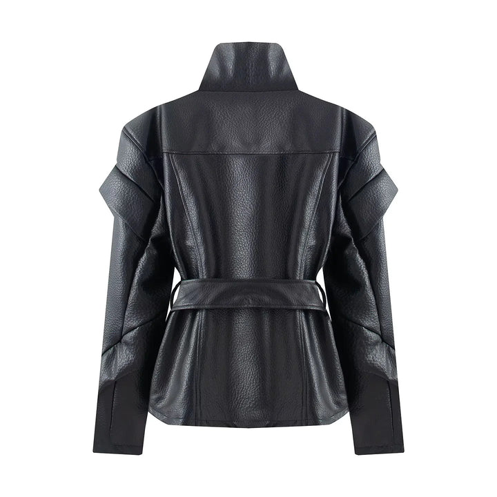 Damen nan taillierte Kunstlederjacke mit asymmetrischem Reißverschluss, hohem Stehkragen und Bindegürtel Drune