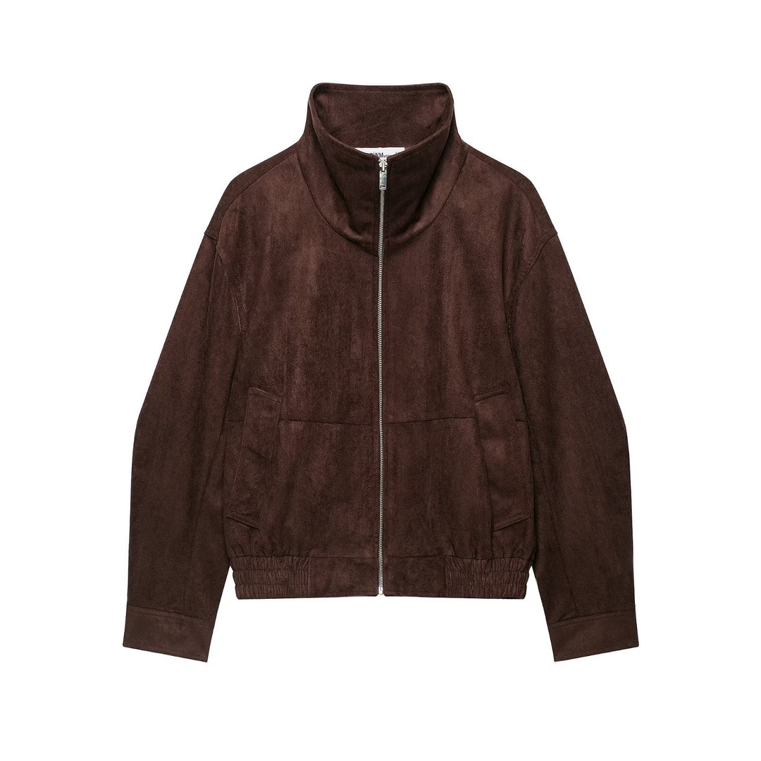 Damen Velourslederoptik Bomberjacke mit Funnelkragen und elastischem Saum Drune